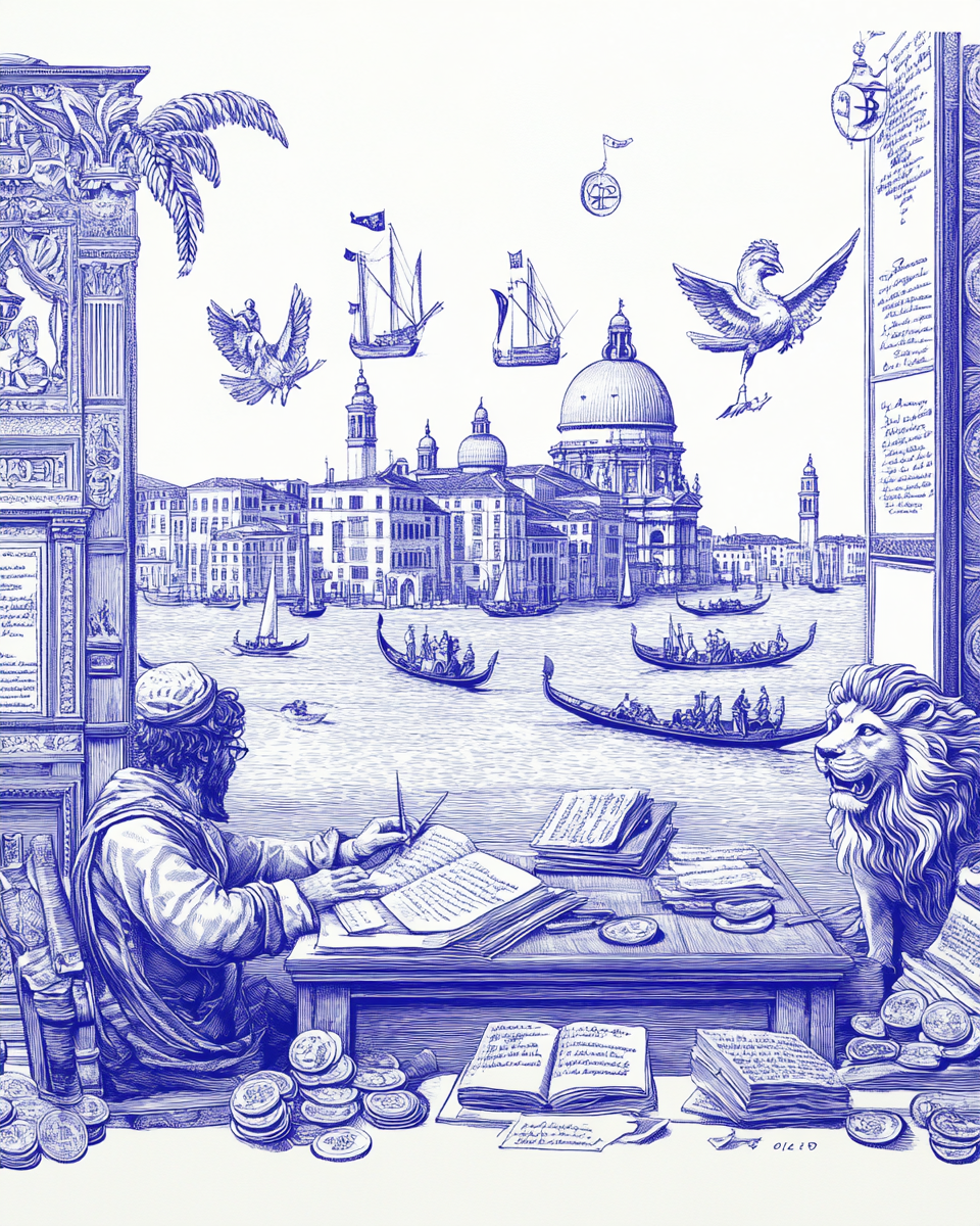 Venetian merchant at desk with Grand Canal view